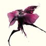 Keine Texte sichtbar. Dynamische abstrakte Illustration einer purpurnen Blüte mit fließenden Formen auf hellem Hintergrund.
