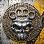 Ein stilisiertes Logo mit einem Schädel, Messingknöchel und Text: "Five Finger Death Punch", "5FDP", "XX", "Legacy".