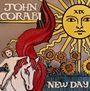 "JOHN CORABI, NEW DAY" steht in einem farbenfrohen, illustrativen Bild mit Sonne, einem Pferd und Sonnenblumen.