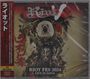 "Riot Fes 2024 Live in Japan." Ein Krieger mit einem Löwenkopf in dynamischer Illustration, rot-schwarze Farbpalette.