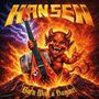 "HANSEN" in großen Buchstaben oben, "Born With a Hammer" unten. Illustration: Kleiner Teufel mit Gitarre und feurigem Hintergrund.