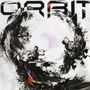 Text: "ORBIT". Abstrakte schwarze und graue Wirbel mit farbigen Akzenten in der Mitte.