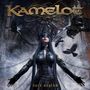 „KAMELOT“ oben, „dark asylum“ unten. Frau in Lederoutfit, Augenbinde, ausgebreitete Arme, umgeben von fliegenden Raben.