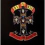 Der Text „Guns N' Roses“ steht über einem Kreuz mit fünf Totenschädeln. Darunter „Appetite for Destruction“.