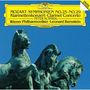 Text: "MOZART: SYMPHONIEN NO. 25 · NO. 29 Klarinettenkonzert: Clarinet Concerto PETER SCHMIDL Wiener Philharmoniker · Leonard Bernstein". Drei bronzene Pferde.