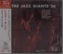 "The Jazz Giants '56" steht oben in Weiß. Namen: Lester Young, Teddy Wilson, Roy Eldridge etc. Ein Musiker spielt Saxophon.
