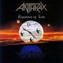 "ANTHRAX" und "Persistence of Time" sind über einer surrealen Uhr mit Totenköpfen und einer Landschaft bei Sonnenuntergang.