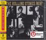 "The Rolling Stones, Now!" oben, rote Seitenleiste mit japanischen Schriftzeichen links. Collage schwarz-weißer Porträts.