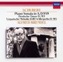 „SCHUBERT Piano Sonata in A, D.959“ steht oben. Unten ein Foto eines Mannes mit Brille vor einer Statue. Logo: DECCA.