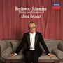 Text: "Beethoven · Schumann Theme and Variations II Alfred Brendel". Mann in Anzug auf Sofa, roter Vorhang im Hintergrund.