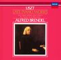 Oben steht „LISZT LATE PIANO WORKS“. Darunter „ALFRED BRENDEL“. Ein Gemälde eines Mannes am Klavier ziert die Mitte.