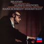 "BRAHMS PIANO CONCERTO NO. 1" mit Alfred Brendel. Ein Mann spielt Klavier mit einem DECCA-Logo rechts unten.