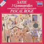 Oben in rotem Bereich: "SATIE 3 Gymnopédies & other piano works... PASCAL ROGE". Darunter eine abstrakte Illustration.