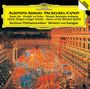 Oben gelb: Albinoni, Pachelbel, Bach, Vivaldi, Mozart, Gluck. Unten: Berliner Philharmoniker, Herbert von Karajan. Illustration: Barockes Innenleben mit bunten Figuren.