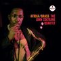 "Africa/Brass The John Coltrane Quartet" steht in orange und rot. Ein Mann mit Saxophon blickt nachdenklich.
