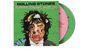 "ROLLING STONES FOREIGN TONGUES, LOOSE LIPS" auf grünem Hintergrund; verzerrtes Porträt, zwei CDs dahinter sichtbar.