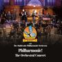 Text: "Philharmonic! The Orchestral Concert" mit Logo eines Schmetterlings, darunter ein Orchester mit Musikern auf einer Bühne.