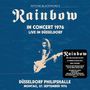Text: "Ritchie Blackmore's Rainbow. In Concert 1976, Live in Düsseldorf. Düsseldorf Philipshalle, Montag, 27. September 1976." Enthält ein stilisiertes Bild eines Gitarristen.