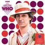 "BBC Doctor Who" und "The Peter Davison Collection" stehen neben einer Illustration eines Mannes in Tracht, umgeben von bunten Kreisen.
