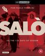 Großer Text "SALÒ". Darunter "OR THE 120 DAYS OF SODOM". Menschen in formeller Kleidung und Anzug.