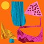 Kein Text sichtbar. Abstrakte Illustration mit blauen, gelben, pinken Formen und Punkten auf orangefarbenem Hintergrund.