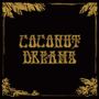 „COCONUT DREAMS“ steht in dekorativer Schrift, umgeben von goldenen Palmblättern in den Ecken auf schwarzem Hintergrund.