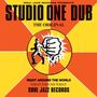 Text: "STUDIO ONE DUB", "THE ORIGINAL", "RIGHT AROUND THE WORLD", "TODAY'S SOUND TODAY", "SOUL JAZZ RECORDS". Illustration: Faustuscht.