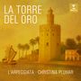 "La Torre del Oro", "L'Arpeggiata · Christina Pluhar". Illustration eines alten Turms am Fluss mit Palmen und einem Schiff.