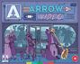 "ARROW VIDEO", "OPEN TILL 11 PM". Illustration eines Videoladens, Menschen und Figuren davor, eine Figur schleudert Blitze.