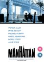 Namen: Woody Allen, Diane Keaton, Michael Murphy, Mariel Hemingway, Meryl Streep, Anne Byrne. Silhouette von Paar auf Bank.