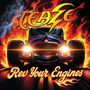Feaze, Rev Your Engines. Illustration eines brennenden Autos mit glänzenden Scheinwerfern und Flammen im Hintergrund.