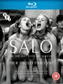 Text: "SALÒ OR THE 120 DAYS OF SODOM", "Pier Paolo Pasolini". Zwei Frauen mit offenen Mündern, umgeben von anderen. Blu-ray-Logo.