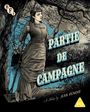Text: "PARTIE DE CAMPAGNE", "A Film by JEAN RENOIR". Illustration einer Frau auf einer Schaukel im Wald.