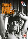 "TRANS-EUROP-EXPRESS" und "A film by Alain Robbe-Grillet" steht über einem schwarz-weißen Bild einer Frau mit Ketten.