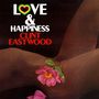 Text: "LOVE & HAPPINESS CLINT EASTWOOD." Illustration: Rosa Blüte auf braunem Hintergrund mit grünen Blättern.