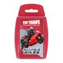 „Top Trumps“, „Deine Leidenschaft. Unsere Spiele.“, „Super Bikes“. Ein rotes Motorrad mit Fahrer in sportlicher Pose.