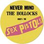 Text: "NEVER MIND THE BOLLOCKS HERE'S THE Sex Pistols." Gelber Hintergrund, pinke und schwarze Schrift.