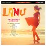 Bunter Text "LANU", darunter "THE DOUBLE SUNRISE". Eine Frau tanzt am Strand bei Sonnenaufgang.