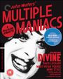 „John Waters' Multiple Maniacs“, „A Celluloid Atrocity!“, „Blu-ray Special Edition“, „Starring Divine“. Schwarz-weiße Nahaufnahme einer lachenden Person.
