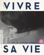 Text: „VIVRE SA VIE“, „A FILM BY JEAN-LUC GODARD“, „15“. Schwarzweiß-Foto einer Frau mit kurzem Haar.