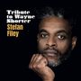"Tribute to Wayne Shorter, Stefan Filey." Ein Mann schaut ernst in die Kamera, die Hand am Kinn, schwarzer Hintergrund.