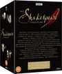 "Shakespeare Collection" mit Titeln wie "Macbeth" und "Hamlet". Logo von BBC, rote Feder, Alterskennzeichnung 12.