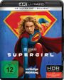 "4K ULTRA HD + BLU-RAY", "SUPERGIRL", FSK 12. Eine Frau im Superheldenkostüm mit Superman-Emblem fliegt.