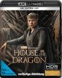 "House of the Dragon", "FSK ab 16 beantragt". Eine Person mit Krone auf einem Thron aus Schwertern.
