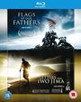 Zwei Filmplakate kombiniert: Oben Soldaten mit US-Flagge, unten ein einsamer Mann am Strand; Text: "Flags of Our Fathers" und "Letters from Iwo Jima".