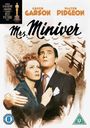 Text: Greer Garson, Walter Pidgeon, Mrs. Miniver. Ein Paar in eleganter Kleidung schaut ernst, Flugzeuge im Hintergrund.