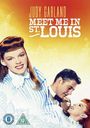Oben steht "Judy Garland" und "Meet Me in St. Louis". Darunter eine Frau und ein Mann im Gespräch, lächelnd.