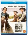 "Ride the High Country" mit Randolph Scott und Joel McCrea. Zwei Männer in Westernkleidung, einer auf einem Pferd.