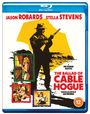 "Jason Robards, Stella Stevens, The Ballad of Cable Hogue. Silhouette eines Mannes mit Gewehr, bunte Szenen aus Filmausschnitten."