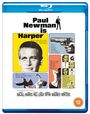 "Paul Newman is Harper." Oben mittig, ein Mann und eine Waffe; Bilder und Texte beschreiben Harper mit Personen und Szenen. Altersfreigabe 12.